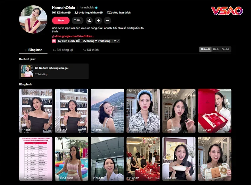 Kênh chính thức Hannah Olala - TikTok với hơn 2,1 triệu người theo dõi