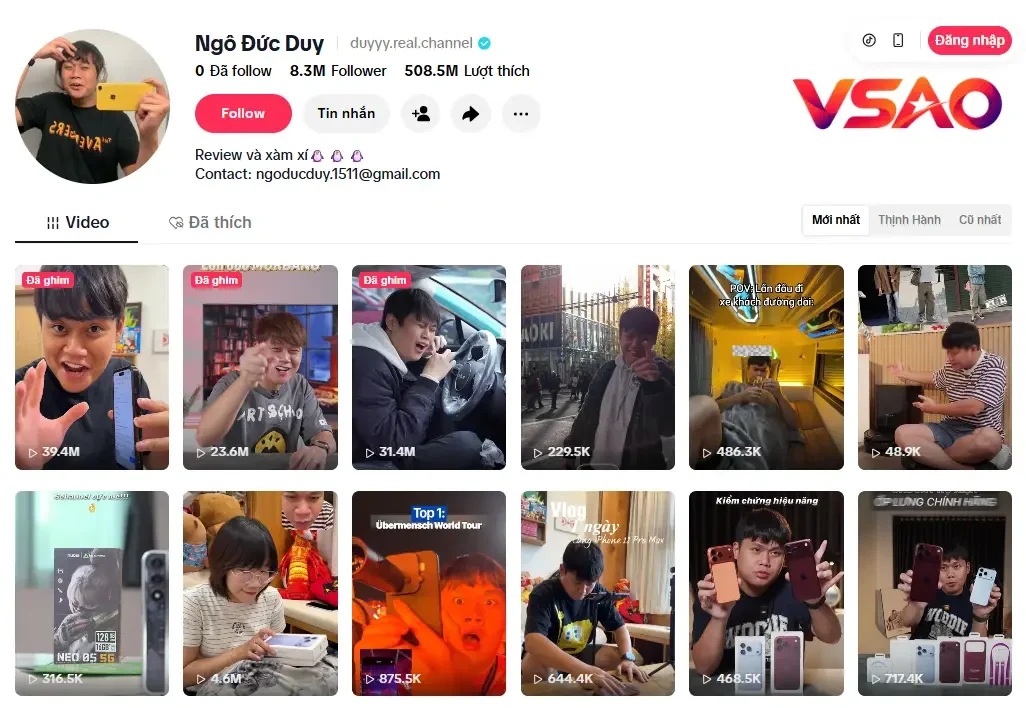 Tiktok là kênh được theo dõi nhiều nhất của Duy Thẩm với 8.3 triệu người