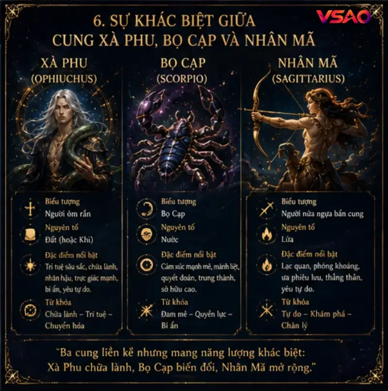 Sự khác biệt giữa cung Xà Phu, Bọ Cạp và Nhân Mã
