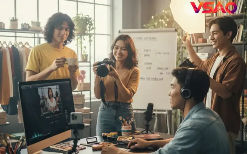 Đội ngũ sáng tạo nội dung đang thảo luận về chiến lược định vị ngách và phân tích dữ liệu tương tác của kênh.