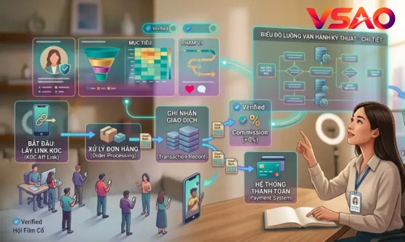 Sơ đồ trực quan mô tả chi tiết luồng vận hành kỹ thuật từ lúc KOC lấy link sản phẩm đến hệ thống ghi nhận giao dịch và thanh toán.