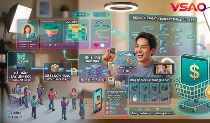 KOC thực hiện phiên livestream chuyên nghiệp với bảng sản phẩm ghim sẵn và hệ thống tương tác trực tiếp.