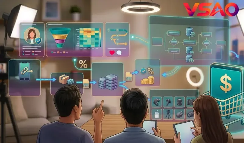 Hình ảnh đội ngũ sáng tạo nội dung đang phân tích biểu đồ tỷ lệ hoa hồng, lịch sử bán hàng và chỉ số hoàn đơn trên sàn thương mại điện tử.