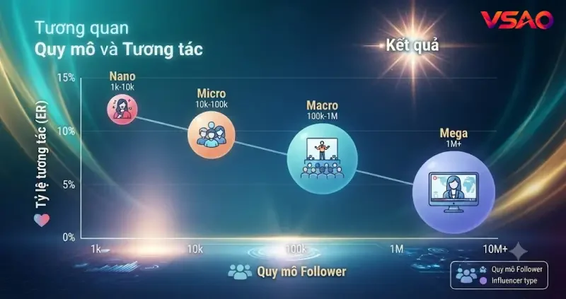 Biểu đồ trực quan so sánh tương quan giữa quy mô follower và tỷ lệ tương tác (ER) của các phân khúc influencer.