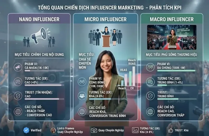 Đồ họa infographic phân tích chi tiết các chỉ số KPI giữa Nano, Macro và Micro Influencer trong một chiến dịch marketing tổng thể.
