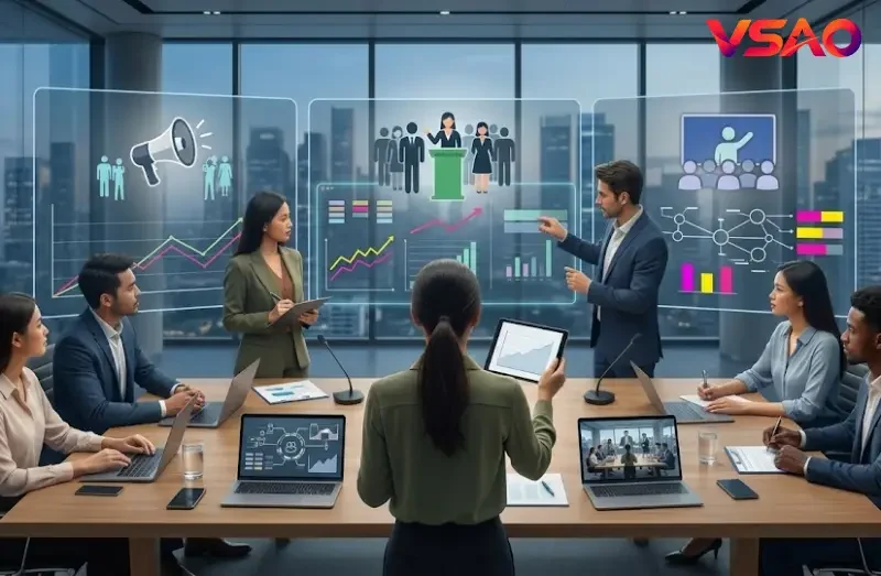 Đội ngũ chiến lược marketing đang thảo luận về biểu đồ phân bổ ngân sách cho chiến dịch influencer đa kênh.