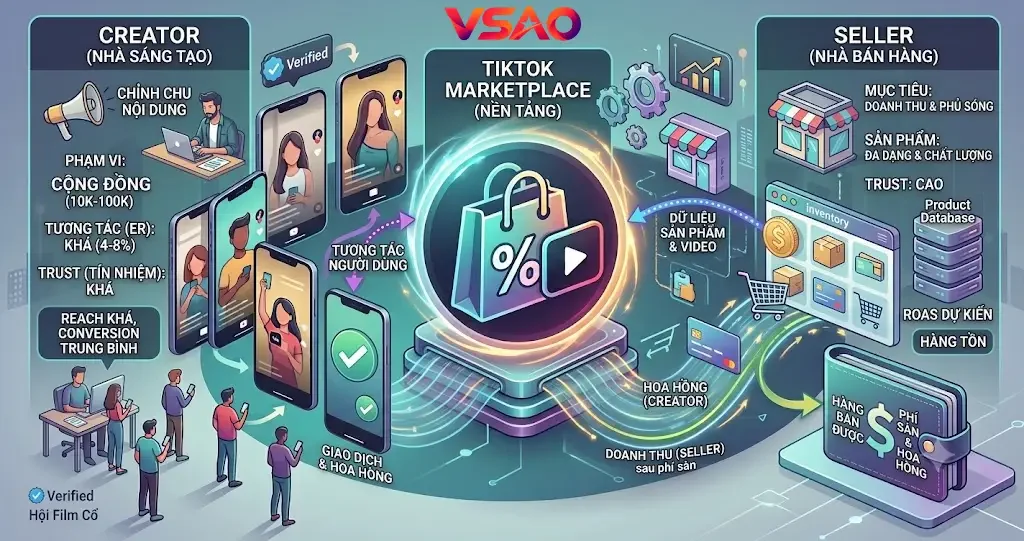 Sơ đồ trực quan mô tả chi tiết luồng vận hành dòng tiền và dữ liệu giữa Seller, TikTok Marketplace và Creator.