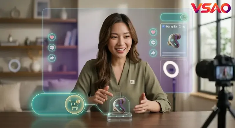 Hình ảnh một KOC chuyên nghiệp đang điều hành phiên livestream bán hàng với bảng giỏ hàng sản phẩm ghim sẵn trên màn hình tương tác.