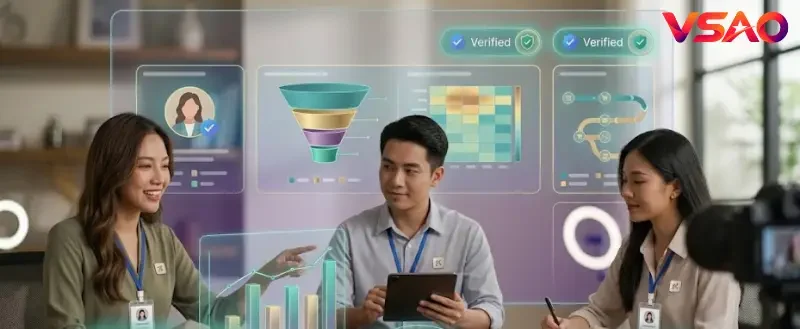 Hình ảnh đội ngũ sáng tạo nội dung đang phân tích biểu đồ tỷ lệ hoa hồng, lịch sử bán hàng và chỉ số hoàn đơn trên sàn thương mại điện tử.