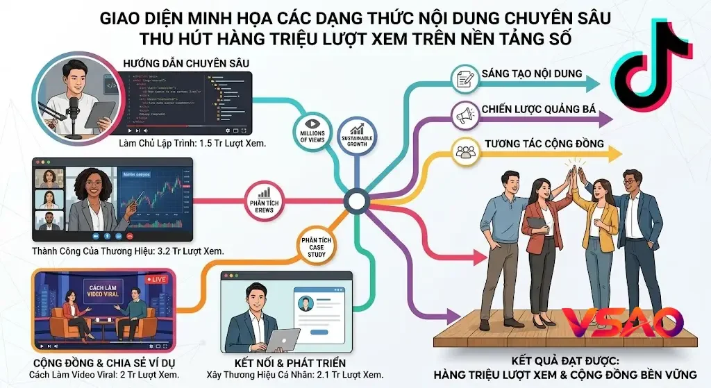 Giao diện minh họa các dạng thức phong cách nội dung chuyên sâu thu hút hàng triệu lượt xem trên nền tảng số.