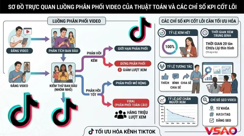 Sơ đồ trực quan mô tả luồng phân phối video của thuật toán và các chỉ số KPI cốt lõi cần tối ưu hóa trên kênh.