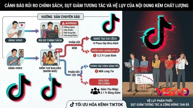 Hình ảnh minh họa cảnh báo các rủi ro vi phạm chính sách kiểm duyệt, sụt giảm tương tác và hệ lụy khi chạy theo nội dung kém chất lượng.